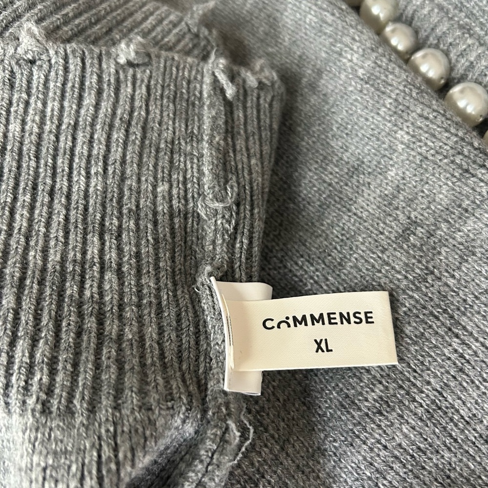 Commense Vintage Inspired Gray Relaxed Frayed Cardigan, Pearl Trimming NWOT - Picture 4 of 4
